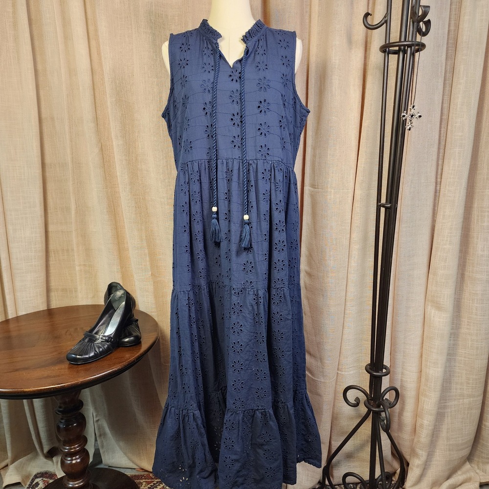 Sweet Magnolia Navy Eyelet Maxi Dress Approx L Tiered Tassel Boho Cottagecore